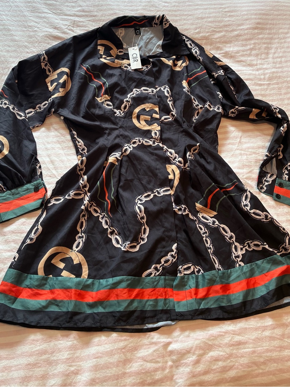 Black Chain-Print Women’s Dress with Green & Red Trim
